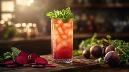 Beetroot Cocktail at a Bar Counter with Fresh Herbs