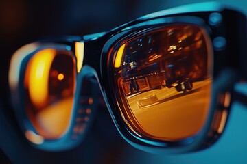 A pair of sunglasses reflecting the street lights and buildings at night
