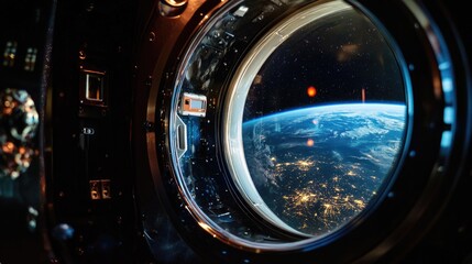 A view of the Earth from a space station window, showing the curvature of our planet