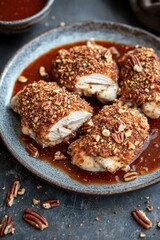 A plate of savory chicken topped with a nutty pecan mixture, perfect for casual dining or special occasion