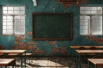 Abandoned classroom with worn chalkboard, exposed brick walls, and empty wooden desks