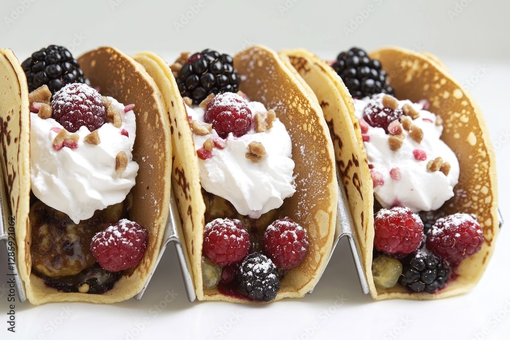 Poster a row of colorful tacos filled with fresh fruit and topped with whipped cream