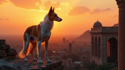 Golden Hour Canine Silhouette on Ancient Stone Structure Overlooking Distant Cityscape at Sunset