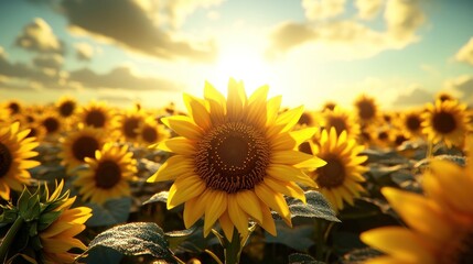 Obraz premium Sunflowers field at sunset, golden hour, nature, hope