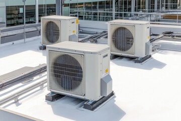 A group of air conditioning units installed on the rooftop, suitable for urban or industrial settings