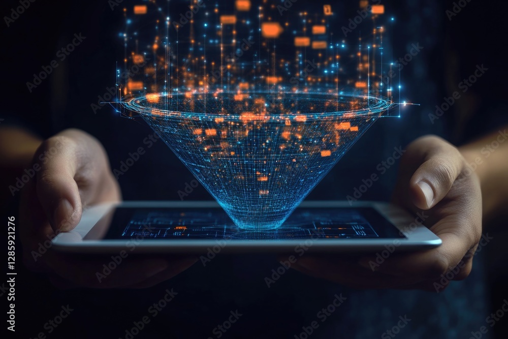 Poster a person holding a tablet with a futuristic design, perfect for tech and innovation concepts