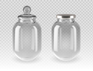 Two empty transparent glass jars isolated on a checkered background, one with a round glass lid and the other with a silver metal lid. Perfect for kitchen storage, packaging, and organization.