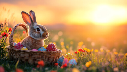 Adorable Easter Bunny in a Basket Filled with Colorful decorated Eggs in a vibrant field of flowers at Sunrise