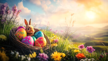 Cute Easter Bunny in a Rustic Nest Full collection of brightly Colorful Eggs