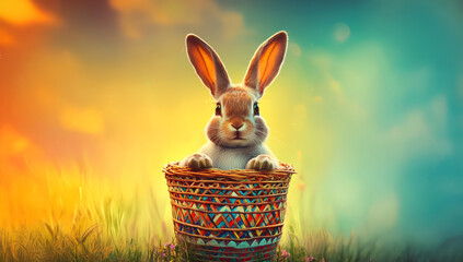 A charming digital illustration of a small Easter bunny nestled in a vibrant, multicolored woven basket