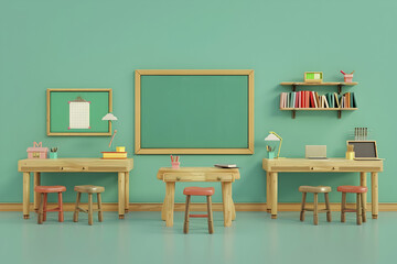 Colorful classroom interior featuring wooden desks, chalkboard, and organized shelves with books