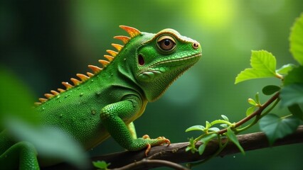 Obraz premium Vibrant Green Lizard Perched on a Branch in Lush Foliage, Exhibiting Intricate Scales and Striking Features