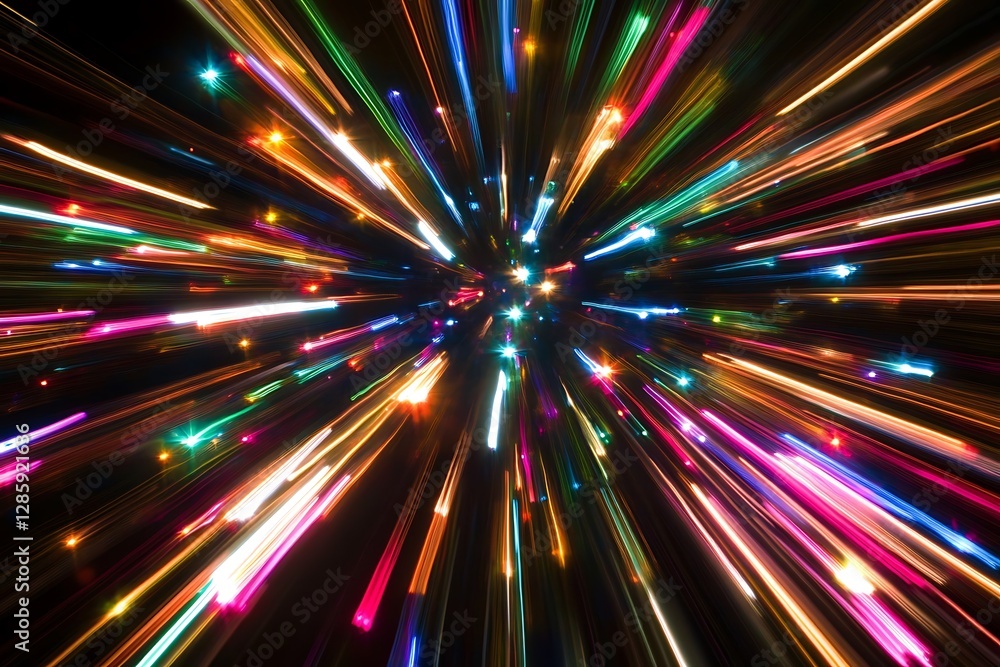 Poster colorful light streaks radiating outwards from a central point, creating a dynamic, energetic explos