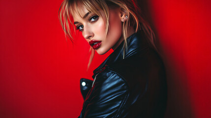 Fototapeta premium Confident woman in black leather jacket, with soft window light illuminating her face, in a head and shoulders portrait with a red blurred background, showcasing a modern and fashionable vibe