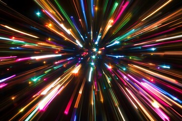 Colorful light streaks radiating outwards from a central point, creating a dynamic, energetic explosion effect on a black background.