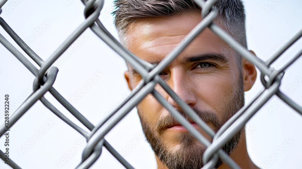 Poster man with a beard and a shaved head is standing in front of a chain link fence. he is looking at the 