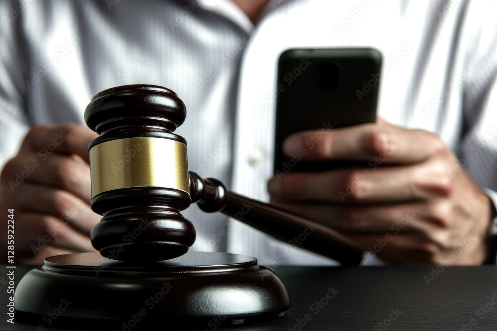 Poster a judge's gavel and cell phone on a desk or table