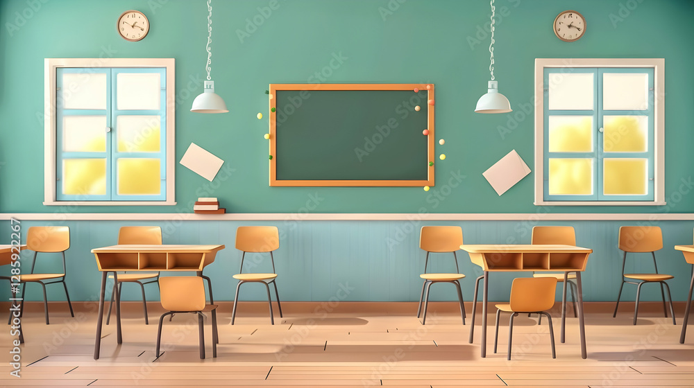 Poster bright and inviting classroom interior with empty desks and a chalkboard, showcasing learning space