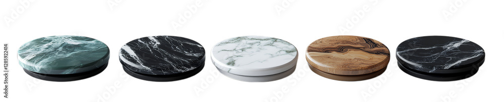 Poster elegant round marble containers in various colors and patterns on transparent background
