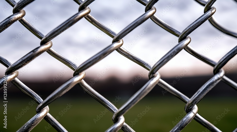 Poster close up of a chain link fence with a silver metal chain. the fence is open and the chain is visible