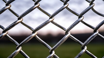 Fototapeta premium Close up of a chain link fence with a silver metal chain. The fence is open and the chain is visible. Scene is somewhat bleak and lonely