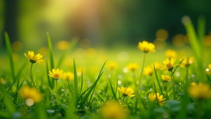Golden Hour Meadow Vibrant Yellow Wildflowers in Lush Green Grass, Illuminated by Soft Sunlight