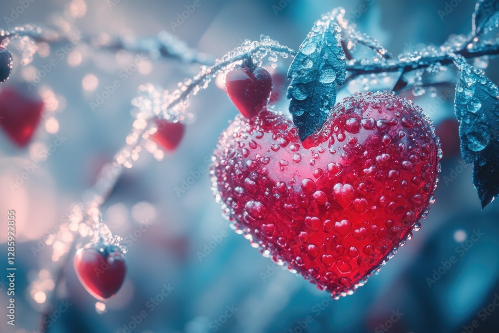 Poster a red heart hangs from a tree branch, surrounded by water droplets