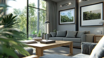 A cozy urban home office featuring bamboo furniture and plants for a natural feel.