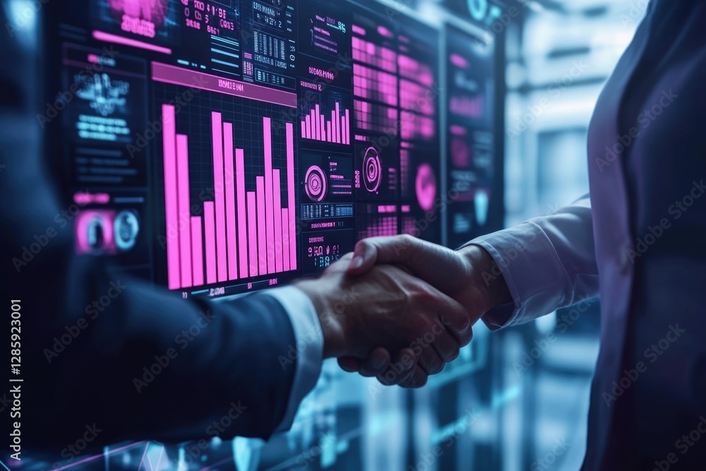 Poster two professionals shaking hands in front of a computer screen, symbolizing a business meeting or par