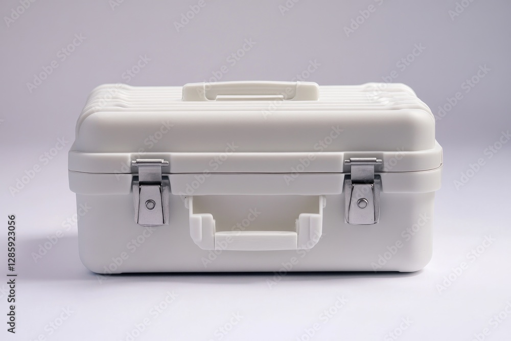 Poster a person's laptop computer sitting on a table with a white case, suitable for office or home use