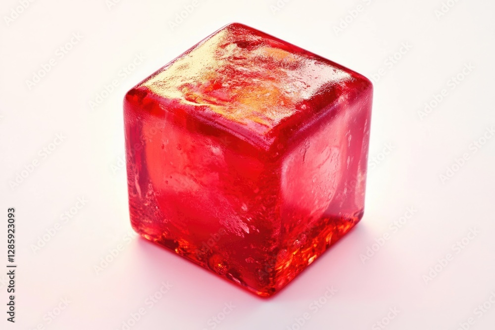 Poster a single red ice cube sits on a white surface, ready for use