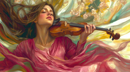A dreamy portrayal of a woman in a flowing pink dress, playing the violin amidst soft, swirling colors and floral accents.