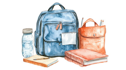 School supplies laid out on a table including backpacks, notebooks, and a water bottle ready for the new academic year