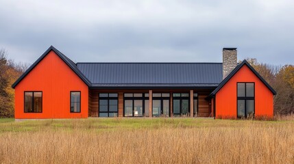 Obraz premium A farm-style house with eco-friendly insulation and energy-efficient windows.