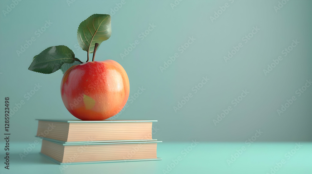 Poster a shiny red apple resting on a stack of books against a soft turquoise background, symbolizing knowl