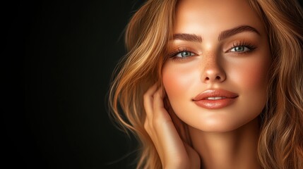 Fototapeta premium Woman with long brown hair and a bright smile. She is wearing makeup and has her hand on her face