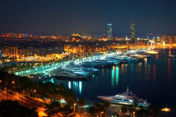 Fototapeta premium A busy harbor with many boats docked and lit up at night