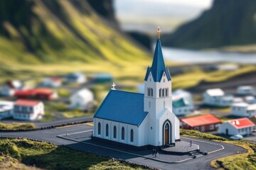 A small white church with a blue roof, ideal for illustrations and designs related to faith, architecture, or rural settings