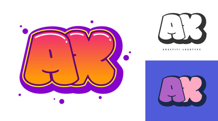 AX logo design for festival or party. Initial letter a and x in graffiti style. Creative modern lettering company name of font typography. Kids trendy logotype or identity.