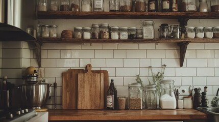 A kitchen shelf with glass jars, wooden cutting boards, and ceramic containers.