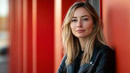 Fototapeta premium Young woman in black leather jacket posing confidently, captured in a head and shoulders portrait with soft window light and a red blurred background, showcasing bold style and elegance