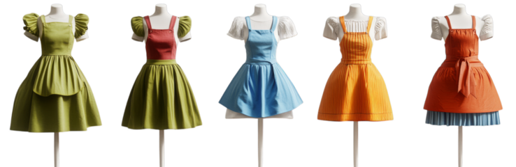 Colorful vintage-style dresses displayed on mannequins