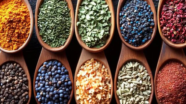 Assorted colorful spices in wooden spoons on a dark background a culinary food and cooking concept for restaurants 4K