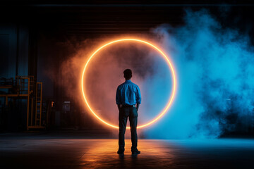 A worker standing inside a glowing safety ring, symbolizing personal protection at work.
