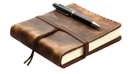 Leather notebook and pen positioned on a white background ready for writing notes and ideas from any location