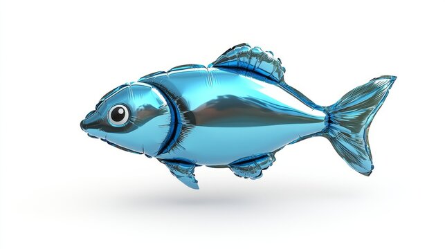 A 3D-rendered balloon in the shape of a fish, metallic blue, against a white background with minimal shadows and reflections - Powered by Adobe