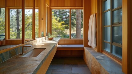 Fototapeta premium A minimalist bathroom featuring stone countertops, wooden accents, and earth tones.