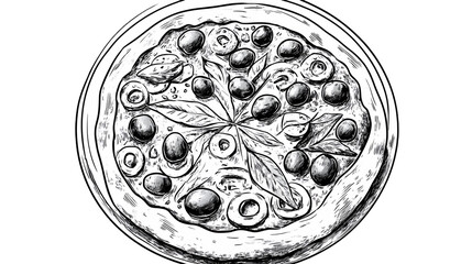 Monochrome Illustration of a Pizza with Olives and Herbs on a Transparent Background
