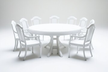 A simple white table surrounded by six chairs