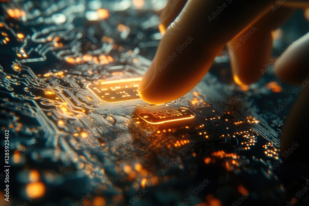 Poster Close-up of a finger touching a circuit board, with wires and components visible